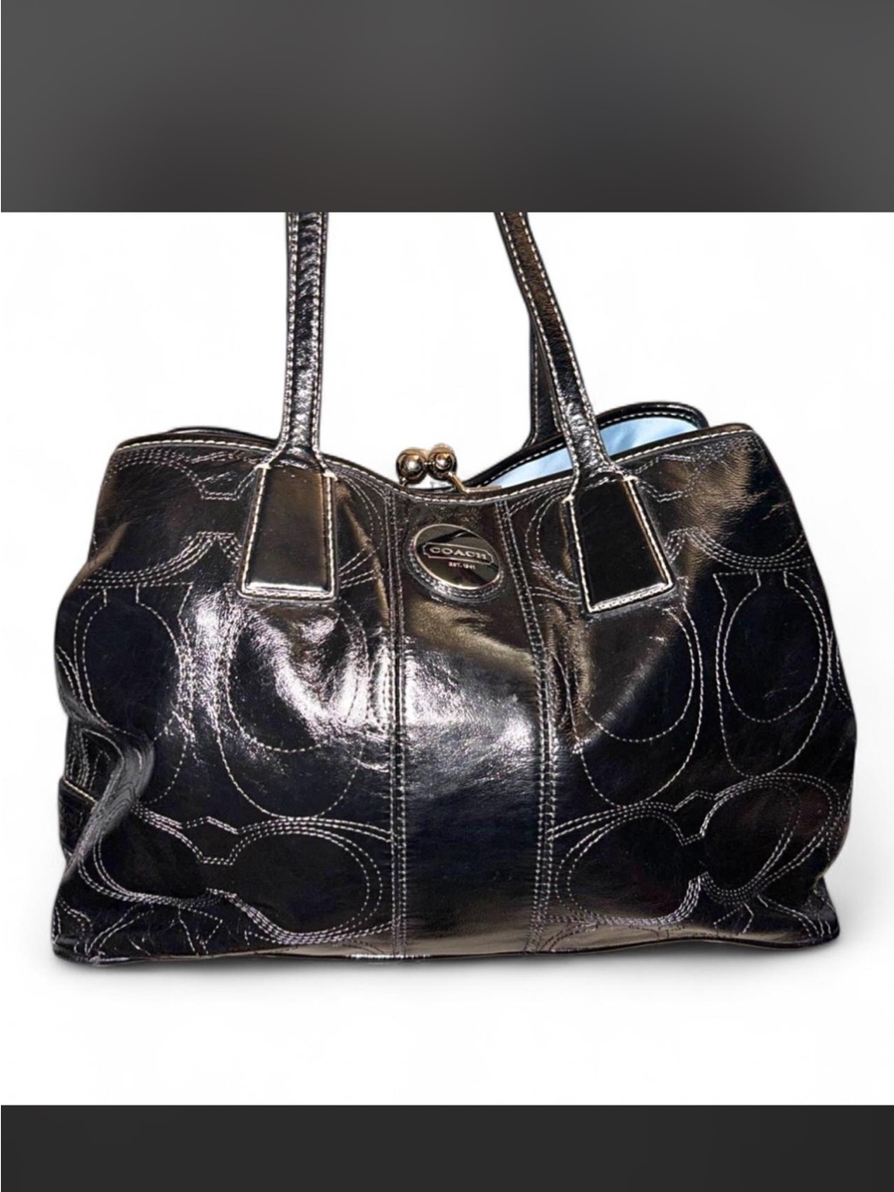 Coach Black Patent Leather Shoulder Bag with Signature C Motif